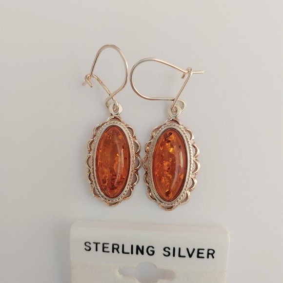 Unique Design Jewelry - Sterling Silver Amber 1 inch drop Earrings - NEW